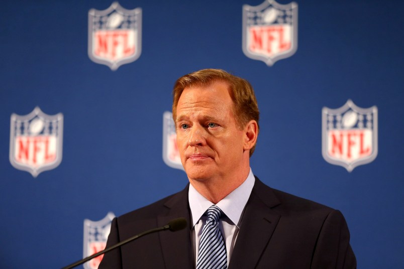 NEW YORK, NY - SEPTEMBER 19:  NFL Commissioner Roger Goodell talks during a press conference at the Hilton Hotel on September 19, 2014 in New York City. Goodell spoke about the NFL's failure to address domestic violence, sexual assault and drug abuse in the league.  (Photo by Elsa/Getty Images)