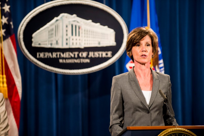 WASHINGTON, DC - June 28:  Deputy Attorney General Sally Q. Yates speaks during a press conference at the Department of Justice on June 28, 2016 in Washington, DC. Volkswagen has agreed to over $15 billion in a settlement over emissions cheating on its diesel vehicles. (Photo by Pete Marovich/Getty Images)