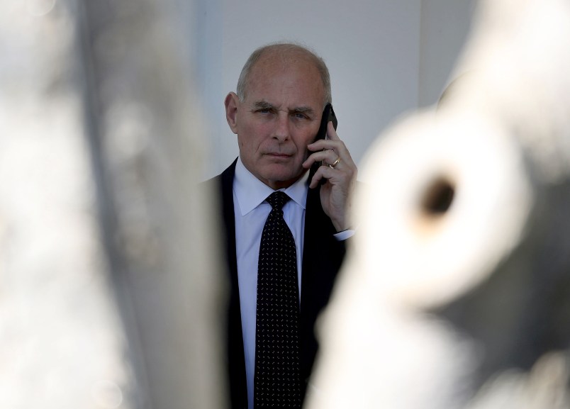WASHINGTON, DC - JANUARY 19:  White House Cheif of Staff John Kelly speaks on his phone shortly before President Donald Trump spoke to March for Life Participants and Pro-Life Leaders in the Rose Garden at the White House on January 19, 2018 in Washington, DC. The annual march takes place around the anniversary of Roe v. Wade, Supreme Court decision that came on January 22, 1974.  (Photo by Mark Wilson/Getty Images)