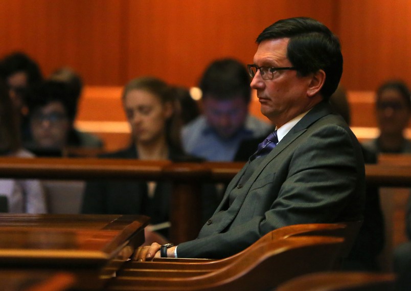 Boston, MA - 4/24/18 - Judge Thomas Estes (cq) listens as his attorney addresses the court.In the case of Estes, arguments are made in front of the full court (cq) (5 justices) of the Supreme Judicial Court (cq), in the John Adams Courthouse (cq). Arguing for the the Committee on Judicial Conduct (cq) is attorney Howard Neff (cq). For Estes is David Hoose (cq). Also in court is former court worker Tammy Cagle (cq), with whom Estes admits to having an affair. He attorney is Leonard Kesten (cq).Photo by Pat Greenhouse/Globe StaffTopic: 25estesReporter: Maria Cramer