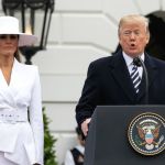 (L-R): U.S. First Lady Melania Trump listens as U.S. President Donald Trump speaks at the arrival ceremony for President Macron on the South Lawn of the White House in Washington, D.C., on Tuesday, April 24, 2018. (Photo by Cheriss May) (Photo by Cheriss May/NurPhoto)