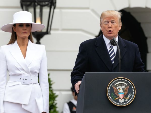 (L-R): U.S. First Lady Melania Trump listens as U.S. President Donald Trump speaks at the arrival ceremony for President Macron on the South Lawn of the White House in Washington, D.C., on Tuesday, April 24, 2018. (Photo by Cheriss May) (Photo by Cheriss May/NurPhoto)