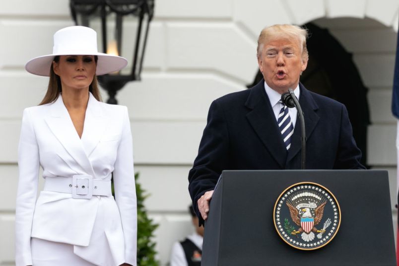 (L-R): U.S. First Lady Melania Trump listens as U.S. President Donald Trump speaks at the arrival ceremony for President Macron on the South Lawn of the White House in Washington, D.C., on Tuesday, April 24, 2018. (Photo by Cheriss May) (Photo by Cheriss May/NurPhoto)