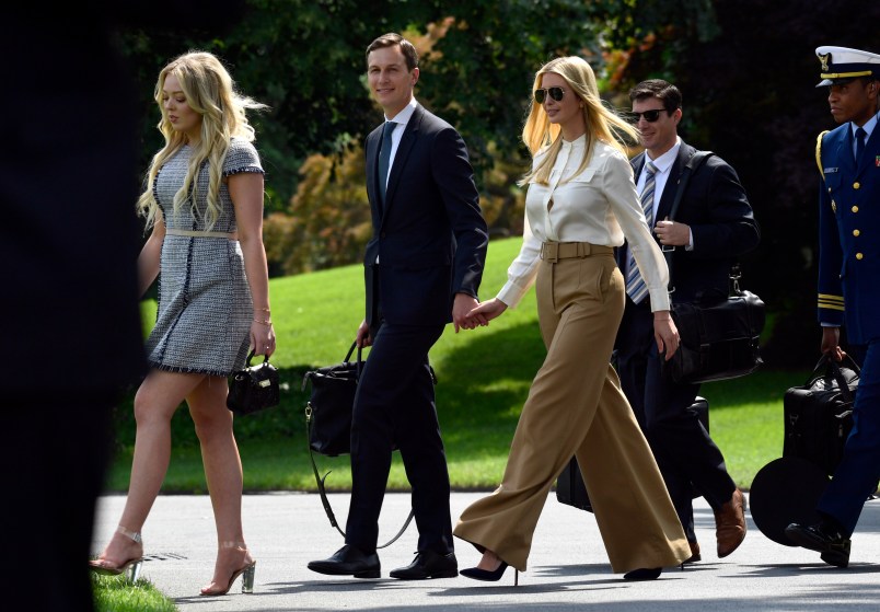 Tiffany Trump, left, followed by from left, Jared Kushner and Ivanka Trump walk to Marine One on the South Lawn of the White House in Washington, Friday, June 1, 2018, as they head to Camp David for the weekend with President Donald Trump. (AP Photo/Susan Walsh)