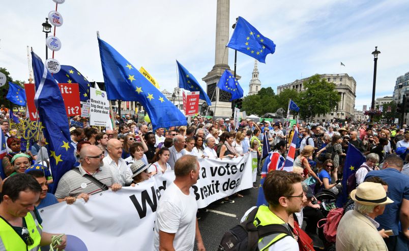 Vince Cable MP, Pro-EU campaigner Gina Miller, Tony Robinson and Caroline Lucas MP join with crowds taking part in the People's Vote march for a second EU referendum at Trafalgar Square in central London. PRESS ASSOCIATION Photo. Picture date: Saturday June 23, 2018. See PA story POLITICS Brexit. Photo credit should read: John Stillwell/PA Wire