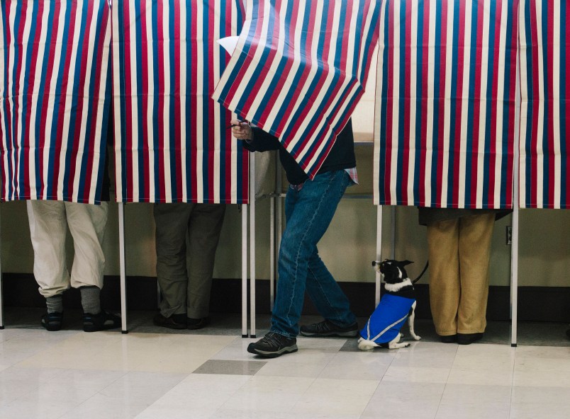 PORTLAND, ME - NOVEMBER 4: Bonnie MacInnis votes while her rat terrier/jack Russell mix named Theodore watches from the bottom of the voting booth at the Merrill Auditorium Rehearsal Hall in Portland, ME on Tuesday, November 4, 2014. (Photo by Whitney Hayward/Staff Photographer)