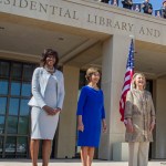 U.S. First Lady Michelle Obama (L) poses with former first ladies (2nd L-R) Laura Bush, Hillary Clinton, Barbara Bush and Rosalynn Carter as they attend the dedication ceremony for the George W. Bush Presidential Center in Dallas (Photo by Brooks Kraft LLC/Corbis via Getty Images)
