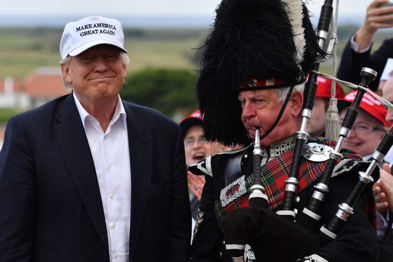 AYR, SCOTLAND - JUNE 24:  Presumptive Republican nominee for US president Donald Trump speaks as he reopens his Trump Turnberry Resort on June 24, 2016 in Ayr, Scotland.  (Photo by Jeff J Mitchell/Getty Images)