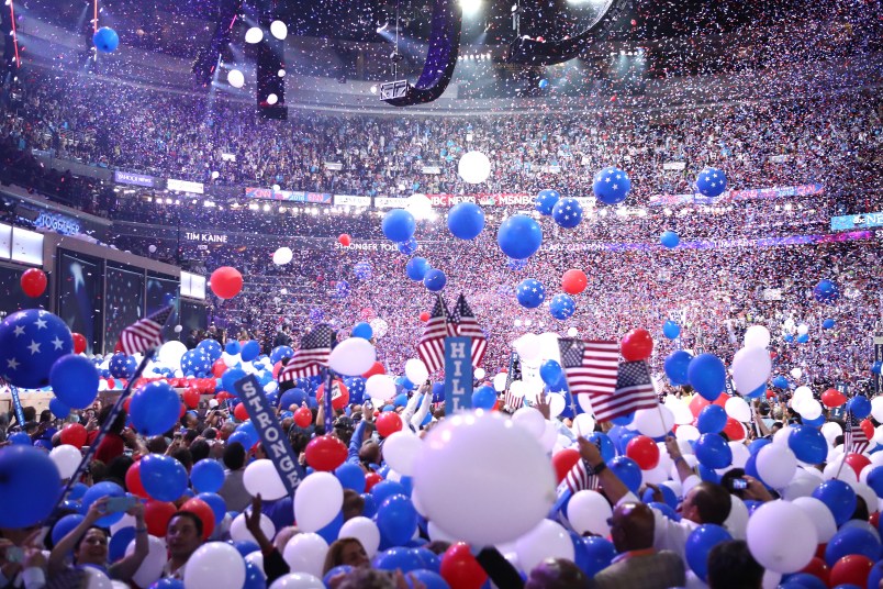 PHILADELPHIA, PA - JULY 28: on the fourth day of the Democratic National Convention at the Wells Fargo Center, July 28, 2016 in Philadelphia, Pennsylvania. Democratic presidential candidate Hillary Clinton received the number of votes needed to secure the party's nomination. An estimated 50,000 people are expected in Philadelphia, including hundreds of protesters and members of the media. The four-day Democratic National Convention kicked off July 25. (Photo by Jessica Kourkounis/Getty Images)