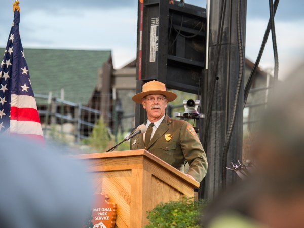 Yellowstone National Park Superintendent Dan Wenk speaks at the National Park Service centennial celebration in Gardiner, Montana.