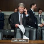 UNITED STATES - MAY 18: Sen. James Inhofe, R-Okla., prepares for a Senate Armed Services Committee confirmation hearing in Dirksen Building on May 18, 2017. (Photo By Tom Williams/CQ Roll Call)