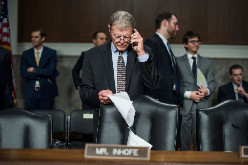 UNITED STATES - MAY 18: Sen. James Inhofe, R-Okla., prepares for a Senate Armed Services Committee confirmation hearing in Dirksen Building on May 18, 2017. (Photo By Tom Williams/CQ Roll Call)