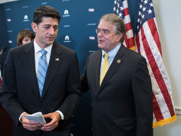 UNITED STATES - SEPTEMBER 06: Rep. John Culberson, R-Texas, right, and Speaker of the House Paul Ryan, R-Wis., conduct a news conference in the Capitol on Hurricane Harvey relief efforts and DACA on September 6, 2017. (Photo By Tom Williams/CQ Roll Call)