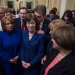 UNITED STATES - JANUARY 22: A bipartisan group of Senators hold a new conference in the Capitol after they voted to end debate on a continuing resolution to reopen the government on January 22, 2018. Appearing are, from left, Sens. Jeanne Shaheen, D-N.H., Tim Kaine, D-Va., Heidi Heitkamp, D-N.D., Joe Donnelly, D-Ind., Susan Collins, R-Maine, Joe Manchin, D-W.Va., Maggie Hassan, D-N.H., Amy Klobuchar, D-Minn., and Lisa Murkowski, R-Alaska. (Photo By Tom Williams/CQ Roll Call)