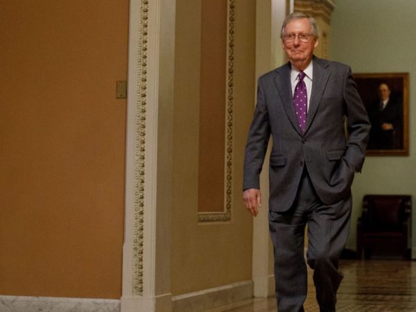 WASHINGTON D.C., Feb. 9, 2018 -- U.S. Senate Majority Leader Mitch McConnel walks out the Senate Chamber on Capitol Hill in Washington D.C., the United States, on Feb. 8, 2018. The U.S. government is shutting down at midnight as the Senate went into recess and missed a midnight deadline to pass a short-term funding bill. (Xinhua/Ting Shen)