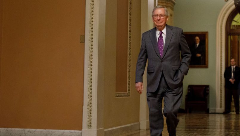 WASHINGTON D.C., Feb. 9, 2018 -- U.S. Senate Majority Leader Mitch McConnel walks out the Senate Chamber on Capitol Hill in Washington D.C., the United States, on Feb. 8, 2018. The U.S. government is shutting down at midnight as the Senate went into recess and missed a midnight deadline to pass a short-term funding bill. (Xinhua/Ting Shen)