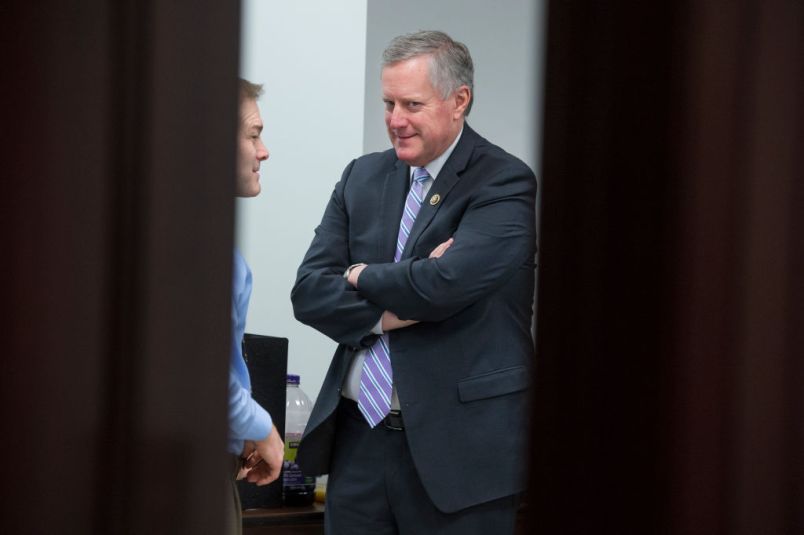 UNITED STATES - MARCH 06: Rep. Mark Meadows, R-N.C., right, talks with Rep. Jim Jordan, R-Ohio, in the Capitol after a meeting of the House Republican Conference on March 06, 2018. (Photo By Tom Williams/CQ Roll Call)