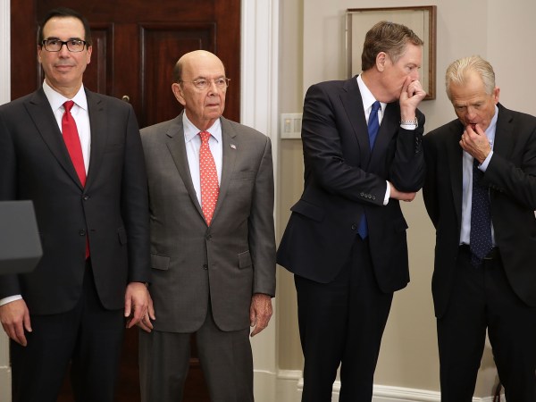 U.S. President Donald Trump signs the 'Section 232 Proclamations' on steel and aluinum imports in Roosevelt Room the the White House March 8, 2018 in Washington, DC. Trump announced a week earlier that he will put a 25-percent tarriff on steel and a 10-percent tarriff on alumninum.