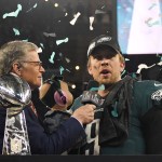 MINNEAPOLIS, MN - FEBRUARY 04: Nick Foles #9 of the Philadelphia Eagles talks with commentator Dan Patrick after the Eagles defeated the New England Patriots in Super Bowl LII at U.S. Bank Stadium on February 4, 2018 in Minneapolis, Minnesota. The Eagles defeated the Patriots 41-33. (Photo by Focus on Sport/Getty Images) *** Local Caption *** Nick Foles; Dan Patrick