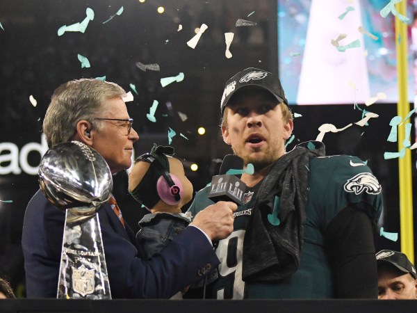 MINNEAPOLIS, MN - FEBRUARY 04: Nick Foles #9 of the Philadelphia Eagles talks with commentator Dan Patrick after the Eagles defeated the New England Patriots in Super Bowl LII at U.S. Bank Stadium on February 4, 2018 in Minneapolis, Minnesota. The Eagles defeated the Patriots 41-33. (Photo by Focus on Sport/Getty Images) *** Local Caption *** Nick Foles; Dan Patrick