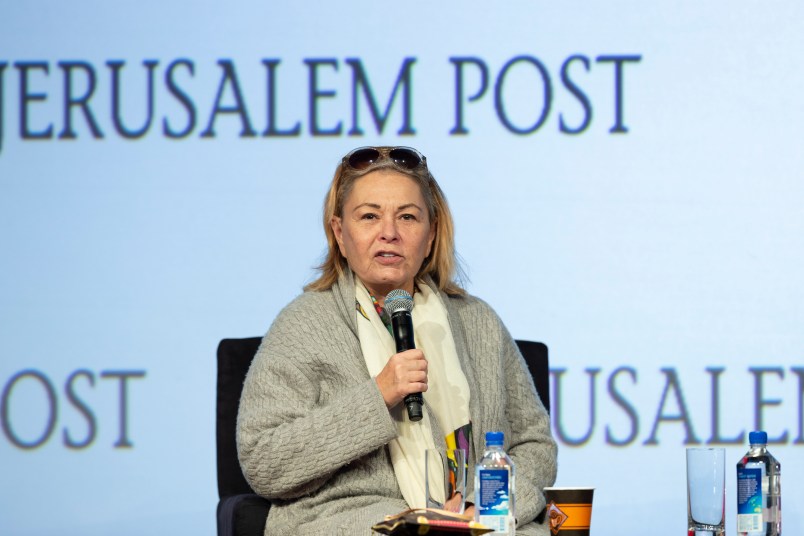 MARRIOTT MARQUIS HOTEL, NEW YORK, UNITED STATES - 2018/04/29: Roseanne Barr interviewed by Dana Weiss during 7th Annual Jerusalem Post Conference at Marriott Marquis Hotel. (Photo by Lev Radin/Pacific Press/LightRocket via Getty Images)