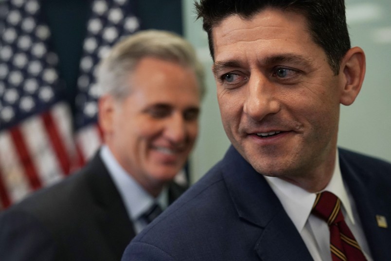 WASHINGTON, DC - MAY 22:  U.S. Speaker of the House Rep. Paul Ryan (R-WI) (R) leaves with House Majority Leader Rep. Kevin McCarthy (R-CA) (L) after a post House Republican Conference meeting news briefing May 22, 2018 on Capitol Hill in Washington, DC. House GOPs gathered for a conference meeting to discuss Republican agenda.  (Photo by Alex Wong/Getty Images)