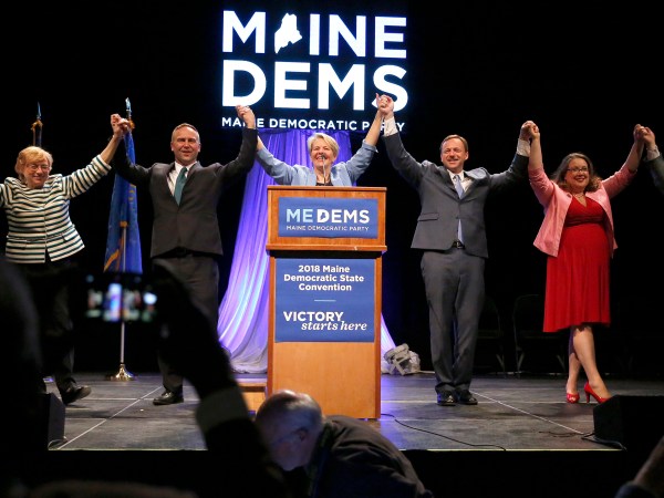 LEWISTON, ME - MAY 19: Six of seven Maine Democratic gubenatorial candidates share the stage Saturday at the biannual Democratic state convention in Lewiston on Saturday. From left: Janet Mills, Adam Cote, Betsy Sweet, Mark Eves, Diane Russell and Mark Dion. Donna Dion was not in attendance. (Staff photo by Ben McCanna/Staff Photographer)