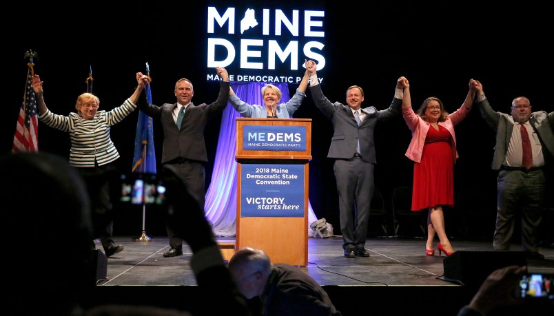 LEWISTON, ME - MAY 19: Six of seven Maine Democratic gubenatorial candidates share the stage Saturday at the biannual Democratic state convention in Lewiston on Saturday. From left: Janet Mills, Adam Cote, Betsy Sweet, Mark Eves, Diane Russell and Mark Dion. Donna Dion was not in attendance. (Staff photo by Ben McCanna/Staff Photographer)
