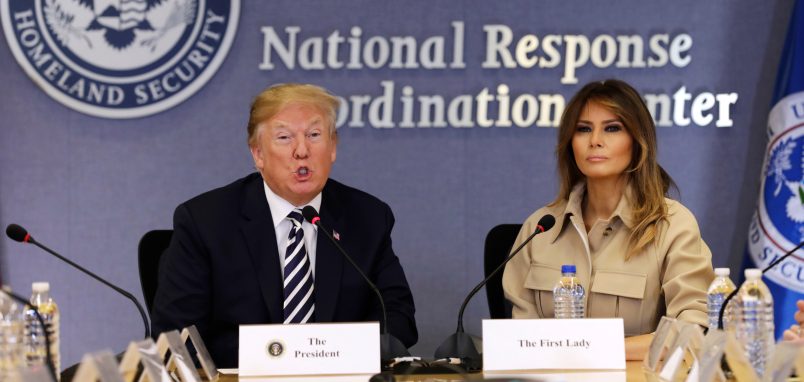 WASHINGTON, DC - JUNE 6: (AFP OUT) U.S. President Donald Trump and First Lady Melania Trump attend the 2018 Hurricane Briefing at the Federal Emergency Management Agency Headquarters (FEMA) on June 6, 2018 in Washington, DC. (Photo by Yuri Gripas - Pool/Getty Images)