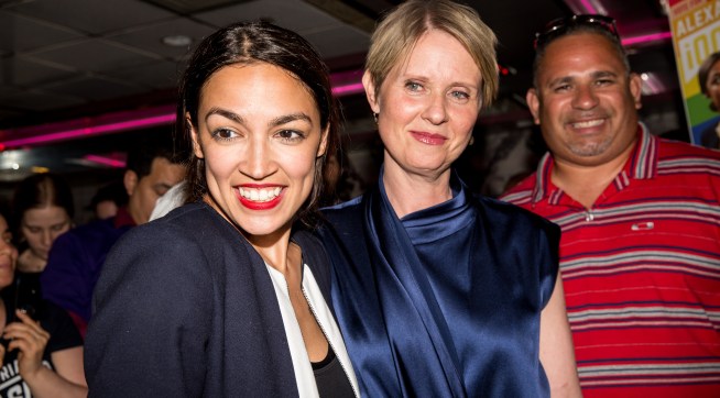 NEW YORK, NY - JUNE 26: Progressive challenger Alexandria Ocasio-Cortez is joined by New York gubenatorial candidate Cynthia Nixon at her victory party in the Bronx after upsetting incumbent Democratic Representative Joseph Crowly on June 26, 2018 in New York City. (Photo by Scott Heins/Getty Images)