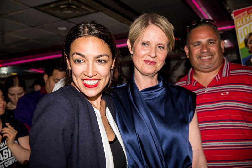 NEW YORK, NY - JUNE 26: Progressive challenger Alexandria Ocasio-Cortez is joined by New York gubenatorial candidate Cynthia Nixon at her victory party in the Bronx after upsetting incumbent Democratic Representative Joseph Crowly on June 26, 2018 in New York City. (Photo by Scott Heins/Getty Images)