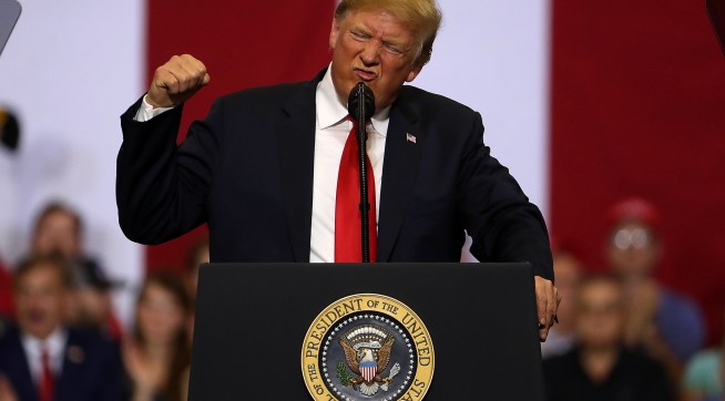 U.S. president Donald Trump speaks to supporters during a campaign rally at Scheels Arena on June 27, 2018 in Fargo, North Dakota. President Trump held a campaign style "Make America Great Again" rally in Fargo, North Dakota with thousands in attendance.
