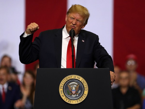 U.S. president Donald Trump speaks to supporters during a campaign rally at Scheels Arena on June 27, 2018 in Fargo, North Dakota. President Trump held a campaign style "Make America Great Again" rally in Fargo, North Dakota with thousands in attendance.