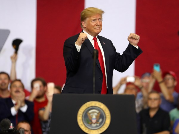 U.S. president Donald Trump speaks to supporters during a campaign rally at Scheels Arena on June 27, 2018 in Fargo, North Dakota. President Trump held a campaign style "Make America Great Again" rally in Fargo, North Dakota with thousands in attendance.