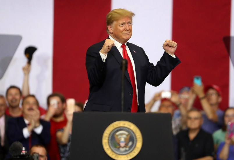 U.S. president Donald Trump speaks to supporters during a campaign rally at Scheels Arena on June 27, 2018 in Fargo, North Dakota. President Trump held a campaign style "Make America Great Again" rally in Fargo, North Dakota with thousands in attendance.