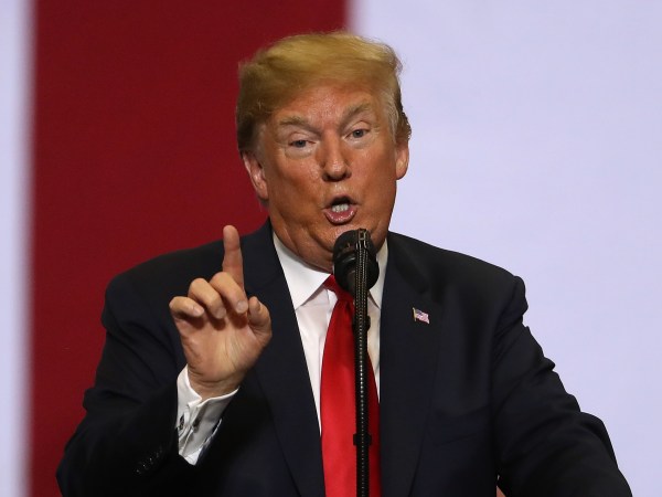 U.S. president Donald Trump speaks to supporters during a campaign rally at Scheels Arena on June 27, 2018 in Fargo, North Dakota. President Trump held a campaign style "Make America Great Again" rally in Fargo, North Dakota with thousands in attendance.