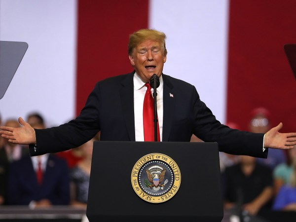 U.S. president Donald Trump speaks to supporters during a campaign rally at Scheels Arena on June 27, 2018 in Fargo, North Dakota. President Trump held a campaign style "Make America Great Again" rally in Fargo, North Dakota with thousands in attendance.