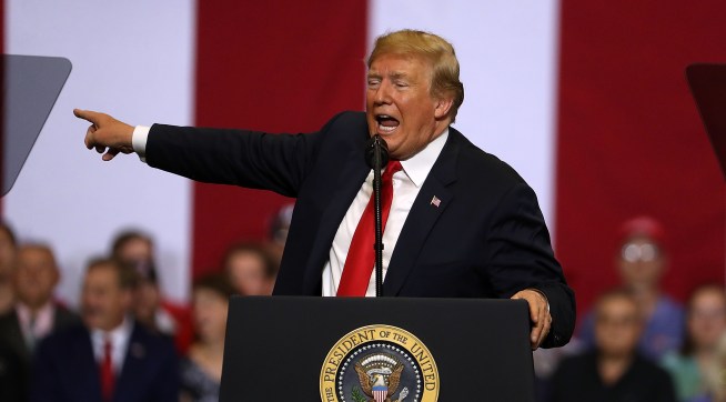 U.S. president Donald Trump speaks to supporters during a campaign rally at Scheels Arena on June 27, 2018 in Fargo, North Dakota. President Trump held a campaign style "Make America Great Again" rally in Fargo, North Dakota with thousands in attendance.