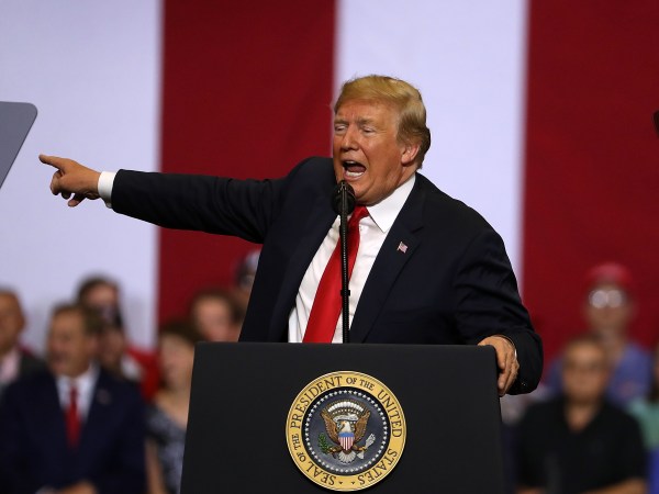 U.S. president Donald Trump speaks to supporters during a campaign rally at Scheels Arena on June 27, 2018 in Fargo, North Dakota. President Trump held a campaign style "Make America Great Again" rally in Fargo, North Dakota with thousands in attendance.