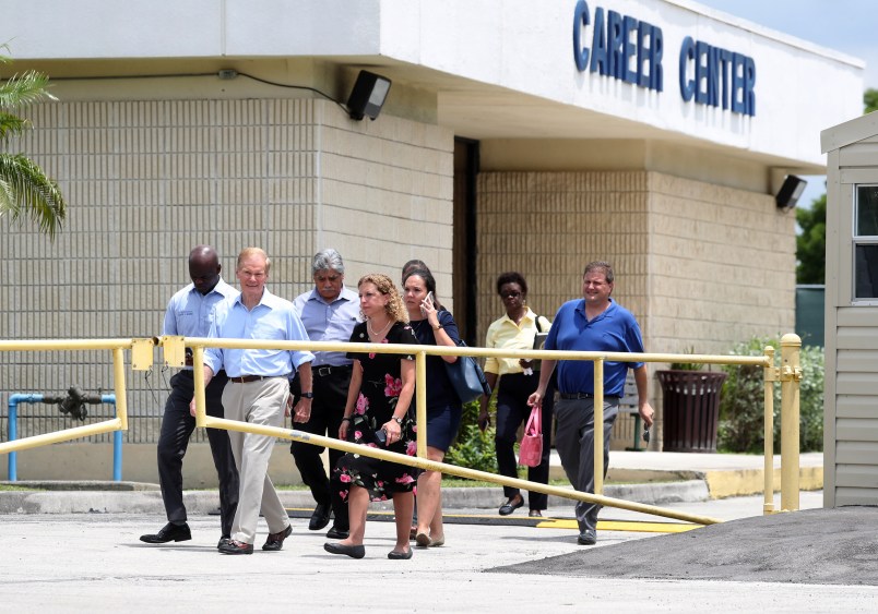 Fla. Rep. Kionne McGhee, Sen. Bill Nelson and Congresswoman Debbie Wasserman Schultz are denied entry into the Homestead Temporary Shelter for Unaccompanied Children on June 19, 2018 in Homestead, Fla. According to recent reports, there are about 1,000 migrant children currently being held at the Homestead facility, some of whom were separted from their families at the border and others who were unaccompanied minors. (Susan Stocker/Sun SEntinel/TNS)