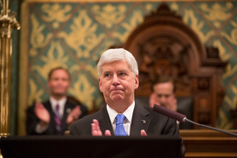 Michigan Gov. Rick Snyder delivers his State of the State in the House of Representatives Chamber on Jan. 23, 2018, at the State Capitol in Lansing, Mich. (Junfu Han/Detroit Free Press/TNS)