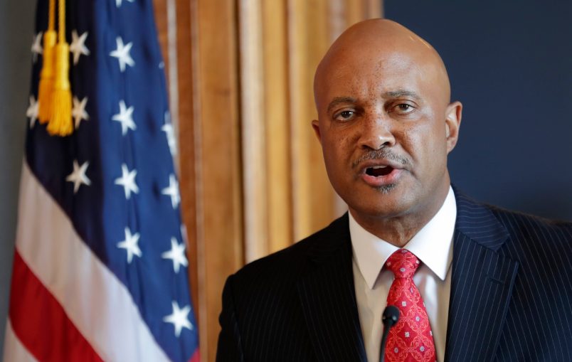Indiana Attorney General Curtis Hill speaks during a press conference at the Statehouse in Indianapolis Monday, July 9, 2018, about calls for him to resign amid allegations that he inappropriately touched a state lawmaker and several other women.   (AP Photo/Michael Conroy)