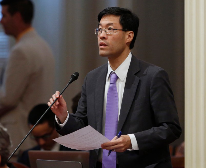 State Sen. Richard Pan, D-Elk Grove, urged lawmakers to approve his measure that would ban smoking within 250 feet of youth sporting events, Thursday, May 26, 2016, in Sacramento, Calif. The bill, SB977, proposed by 8th grade students at an Elk Grove school, was approved by a 32-5 vote and sent to the Assembly.(AP Photo/Rich Pedroncelli)