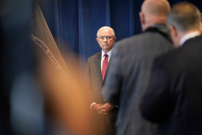 PORTLAND, ME - JULY 13: U.S. Attorney General Jeff Sessions speaks to local law enforcement officers at the United States Attorney's Office in Portland on Friday, July 13, 2018. (Staff photo by Gregory Rec/Staff Photographer)