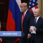 HELSINKI, FINLAND - JULY,16 (RUSSIA OUT) U.S.President Donald Trump (L) and  Russian President Vladimir Putin (R) enter the hall during their joint press conference in Helsinki, Finland, July,16,2018. Russian and U.S. Presidents have arrived to Helsinki for the summit. (Photo by Mikhail Svetlov/Getty Images)