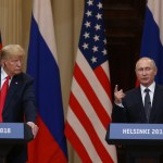 HELSINKI, FINLAND - JULY,16 (RUSSIA OUT) U.S.President Donald Trump (L) and Russian President Vladimir Putin (R) attend during their joint press conference in Helsinki, Finland, July,16,2018. Russian and U.S. Presidents have arrived to Helsinki for the summit. (Photo by Mikhail Svetlov/Getty Images)