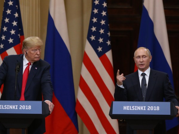 HELSINKI, FINLAND - JULY,16 (RUSSIA OUT) U.S.President Donald Trump (L) and Russian President Vladimir Putin (R) attend during their joint press conference in Helsinki, Finland, July,16,2018. Russian and U.S. Presidents have arrived to Helsinki for the summit. (Photo by Mikhail Svetlov/Getty Images)