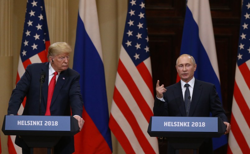 HELSINKI, FINLAND - JULY,16 (RUSSIA OUT) U.S.President Donald Trump (L) and Russian President Vladimir Putin (R) attend during their joint press conference in Helsinki, Finland, July,16,2018. Russian and U.S. Presidents have arrived to Helsinki for the summit. (Photo by Mikhail Svetlov/Getty Images)