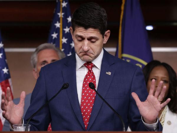 Speaker of the House Paul Ryan (R-WI) and fellow House Republican leaders hold a news conference following their weekly caucus meeting at the U.S. Capitol Visitors Center July 17, 2018 in Washington, DC. After President Donald Trump said he believed President Vladimir Putin that Russia did not interfere with the 2016 presidential election during a news conference in Finland, Ryan released a statement critical of Trump. ÒThere is no question that Russia interfered in our election and continues attempts to undermine democracy here and around the world,Ó Ryan said in a statement. ÒThe president must appreciate that Russia is not our ally.Ó