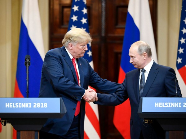 BEIJING, July 17, 2018  -- U.S. President Donald Trump (L) shakes hands with Russian President Vladimir Putin during a joint press conference in Helsinki, Finland, on July 16, 2018. (Xinhua/Lehtikuva/Jussi Nukari)